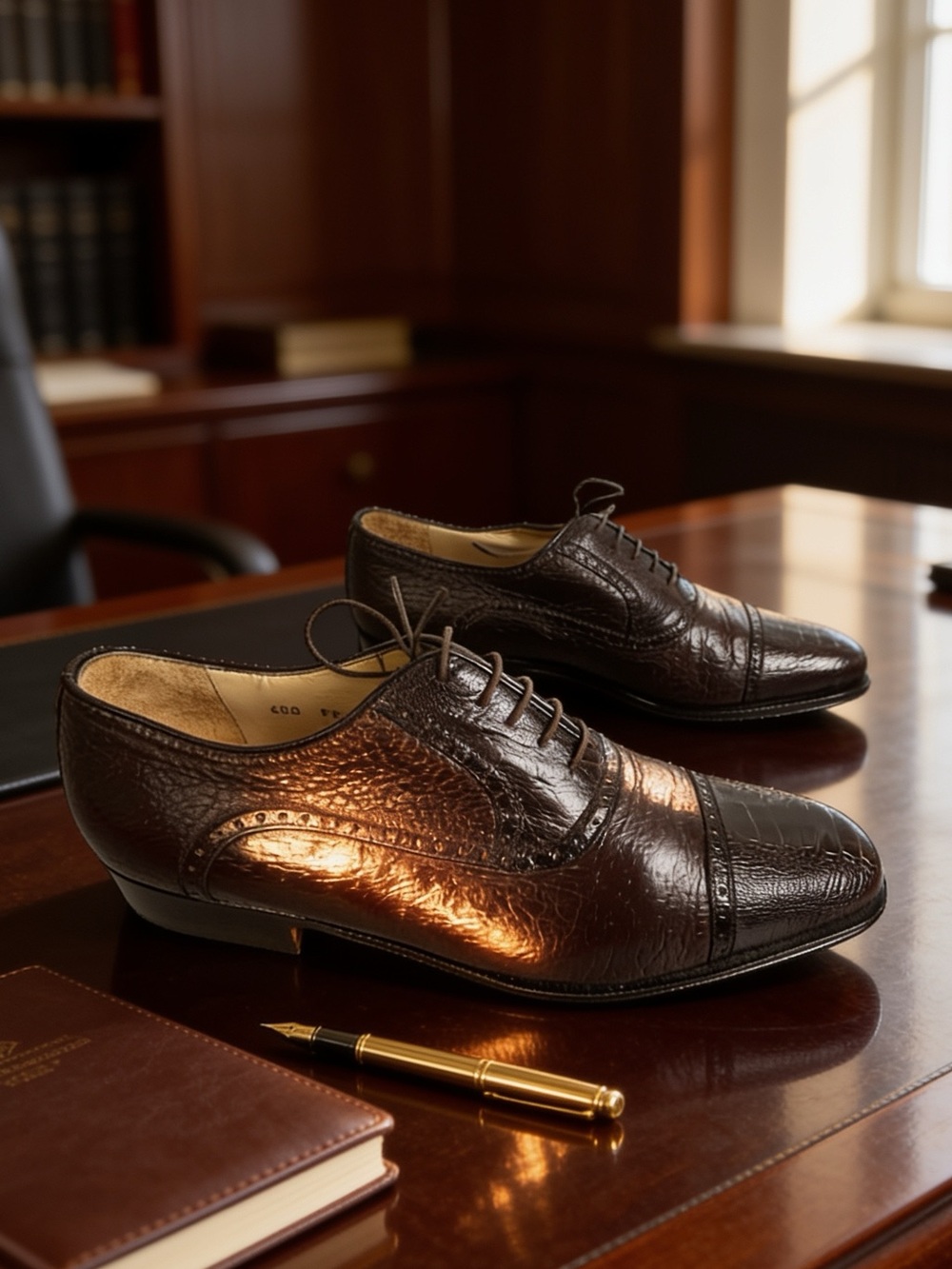 Zelli Italia Men's Ostrich Leather Cap Toe Oxford Dress Shoes - Brown size 9.5